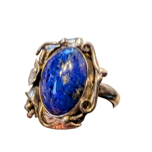 Vintage 925 Sterling Silver Lapis Lazuli Flower Vining Metal Work Ring Size 8.25 - Picture 5 of 8